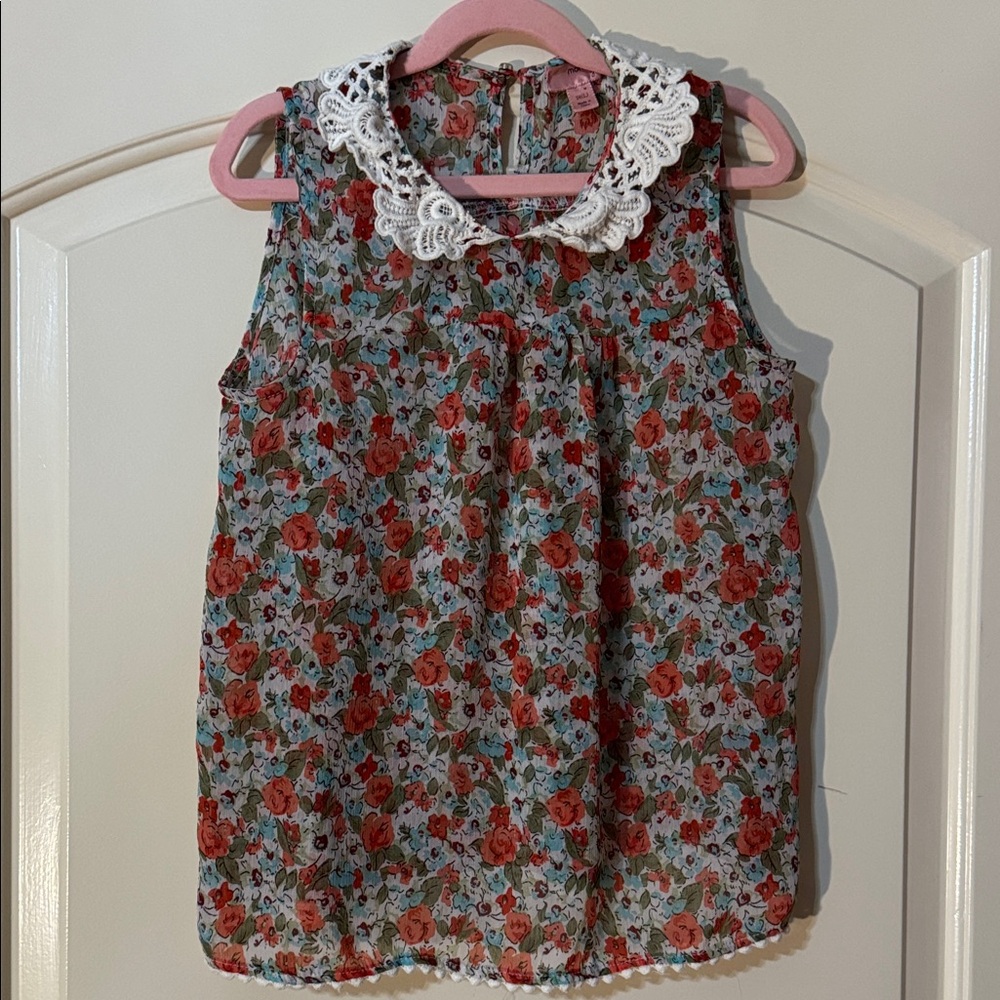Monteau Girls Floral Sleeveless Top with White Lace Collar - Red & Green 14 L